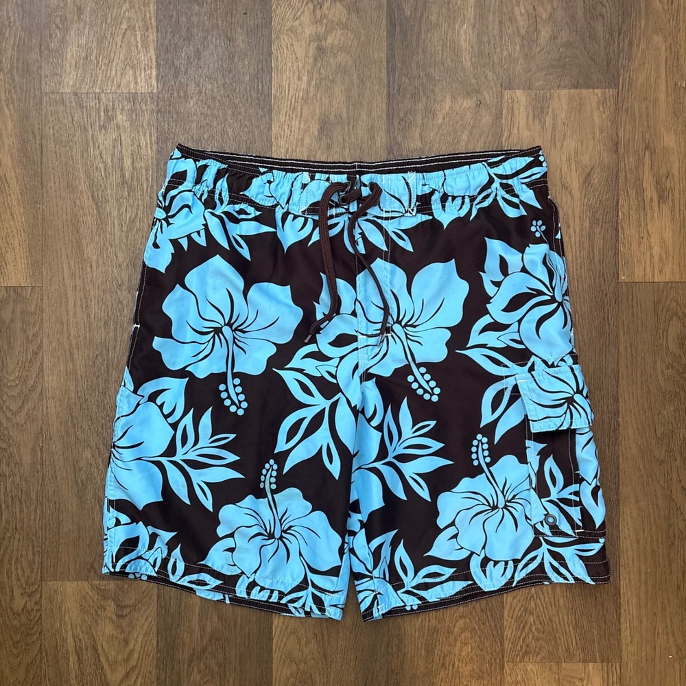 Vintage Y2K Mall Core Somona Hawaiian Floral Pattern Blue Brown Board Shorts